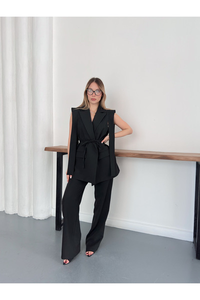 Ekim Store Tie-Detail Belted Blazer Vest Set Pant Suit
