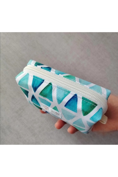 Handmade Yeşil Renk Üçgen Desenli Küçük Boy Hijyen Çantası/Cüzdan/Çanta İçi D...