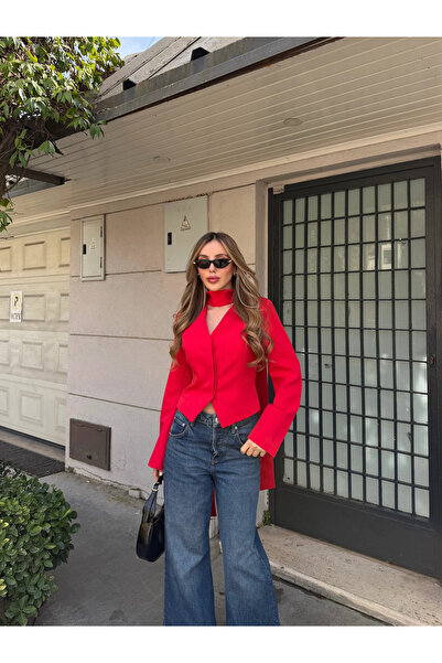 Laluvia Red Padded Shoulders Jacket with Scarf - 85175