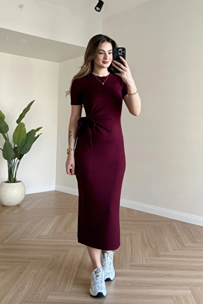 MOZENA Short Sleeve Tie Detail Side Slit Midi Modal Dress