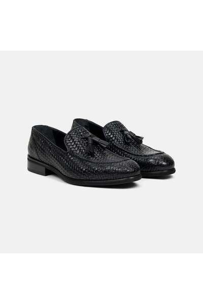 Desa Men's Black Knitwear Patterned Tasseled Leather Loafers