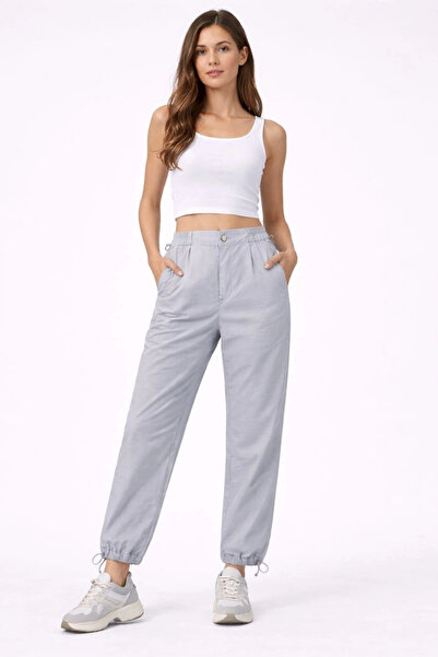 LUMİART Women's Parachute Fabric Pants with Adjustable Waist and Cuffs - Gray
