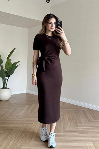 MOZENA Short Sleeve Tie Detail Side Slit Midi Modal Dress