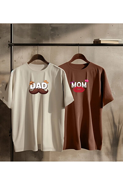 SUNFREE Mom Dad Special Mom Dad Printed 2-Piece Combination Brown Beige Crew ...