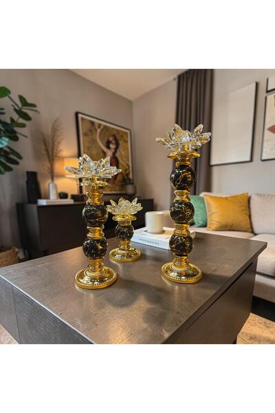 Sleep Nova Lotus Kristal Dekoratif Şamdan Mumluk Gold Siyah Mermer Görünümlü ...