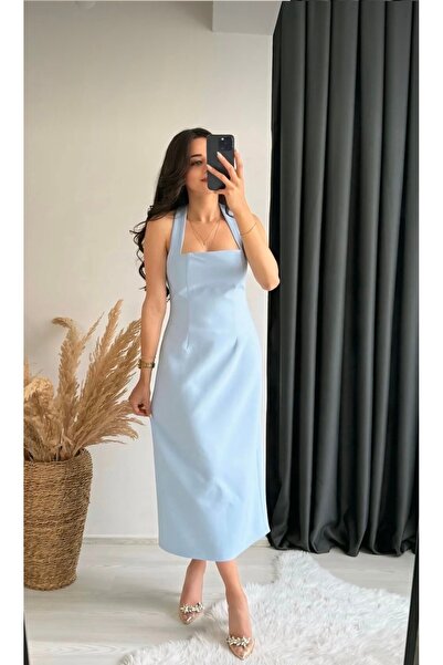 Selin Damla Women's Midi Length Pencil Dress Halter Neck Tie-Detail Slit