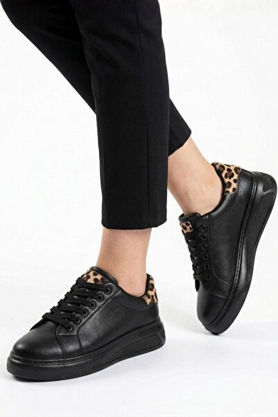 Nubbock Pantofi sport casual cu șireturi leopard negri pentru femei NK4150