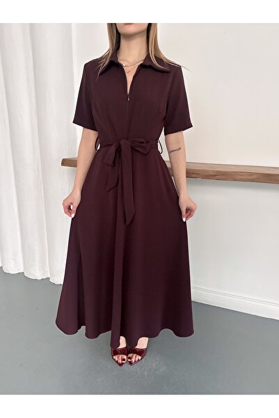 Ekim Store Kuşaklı Fermuarlı Pileli Etek Elbise
