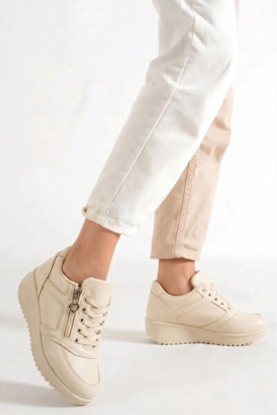 Nubbock Women's Cream Skin Zippered 5 cm Heeled Sports Shoes Nk4122