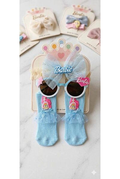 Other طقم إكسسوارات بناتي لطيف – نظارة شمسية + جوارب مع فيونكة وتصميم باربي