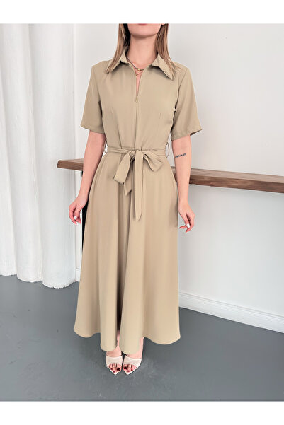 Ekim Store Belted Zippered Pleated Skirt Dress