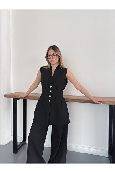 Ekim Store Gold Buttoned Vest Set Trouser Suit with Pencil Pants