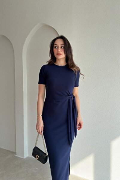 MOZENA Crew Neck Tie Detail Side Slit Midi Modal Dress