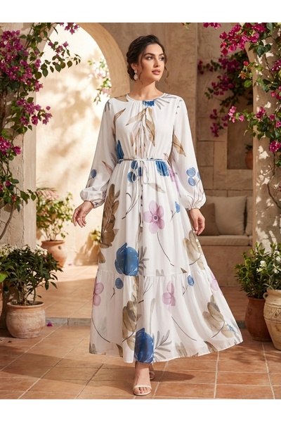 Finelook Women’s Elegant White Floral Maxi Dress – Long Sleeve Belted Chiffon...