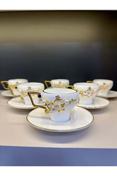 Vakıf home Nehir Marka 6 Kişilik Porselen İncili Model Gold 12 Parça Kahve Fi...