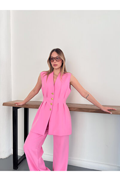 Ekim Store Gold Buttoned Vest Set Trouser Suit with Pencil Pants