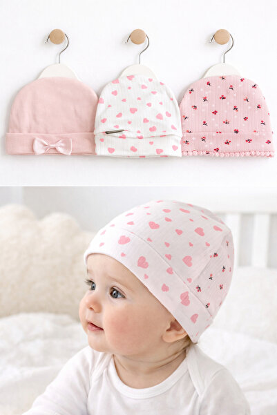 miniboncuk 3lü ponponlu pembe serisi bebek şapkası