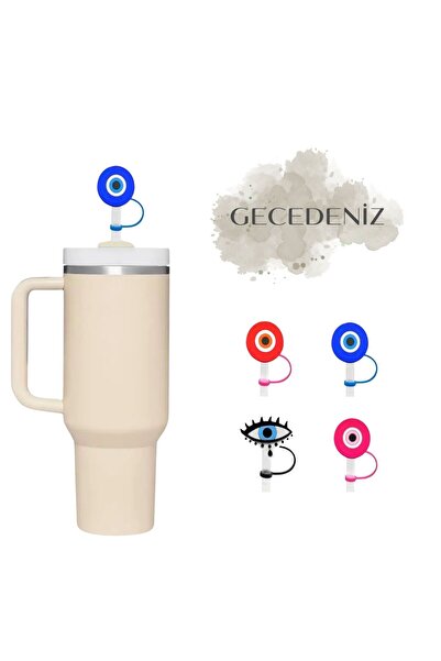 GECEDENİZ Thermos Compatible Straw Stopper Blue Round Evil Eye