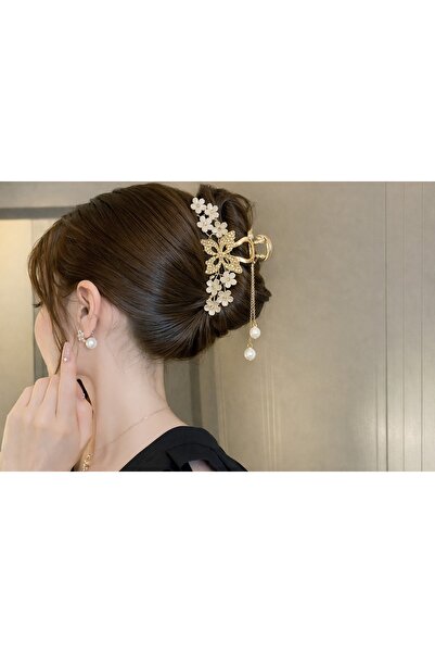 Glamluxe Kelebek Çiçek Detaylı İnci Zincirli Gold Mandal Saç Tokası – Şık Kad...