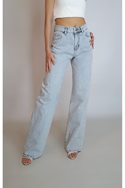 oyagüler Women's Ice Blue Heart Stone Printed Denim Jeans Yy101257