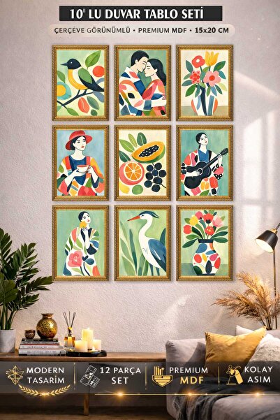 UNT Çerçeve Görünümlü Modern Sanat İllüstrasyon 10 Parça Duvar Tablo Seti 15x...