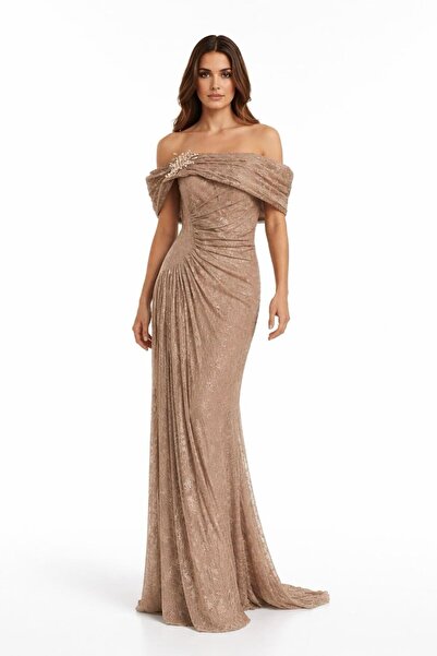 aşkın göksu Vizon Straplez Yaka Misinalı Düşük Kol Boncuk İşlemeli Bel Büzgül...