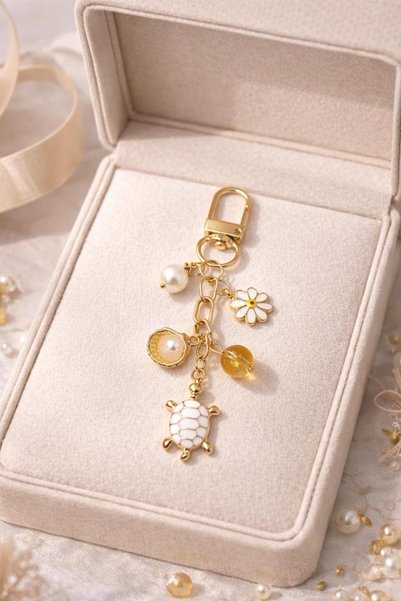 Agatella Tasarım Lucky Turtle Gold Charm with Keychain Citrines, Natural Stones and Pearl Detail – Ç Bag Wallet