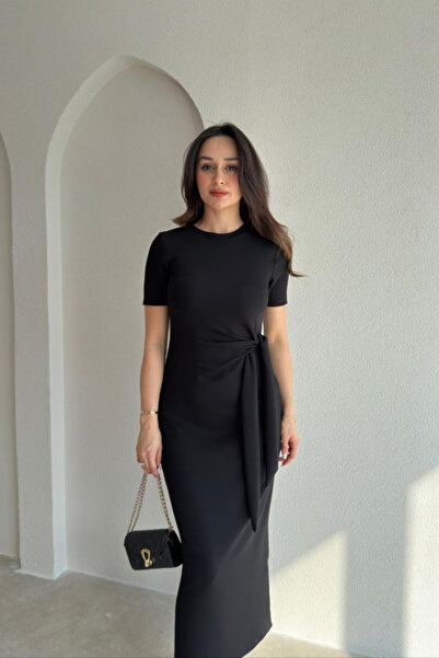 MOZENA Crew Neck Tie Detail Side Slit Midi Modal Dress