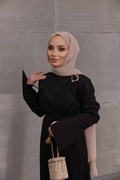 JESSE STORY Women's Modal Kupra Tesettür Dress with Wide Cuffs, Gold Buckle a...