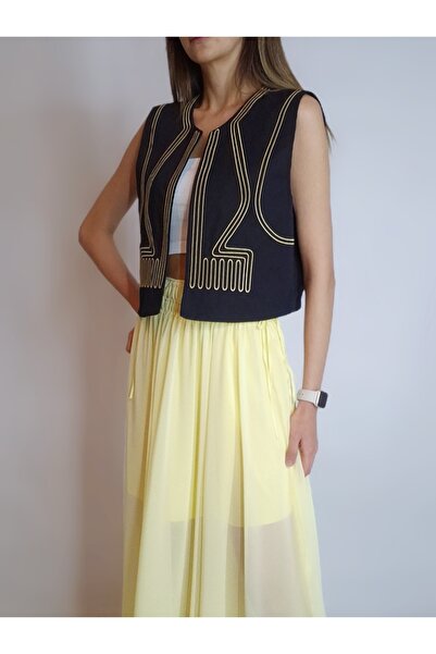oyagüler Women's Black Lining with Yellow Embroidery Ethnic Pattern Ye Vest Y...
