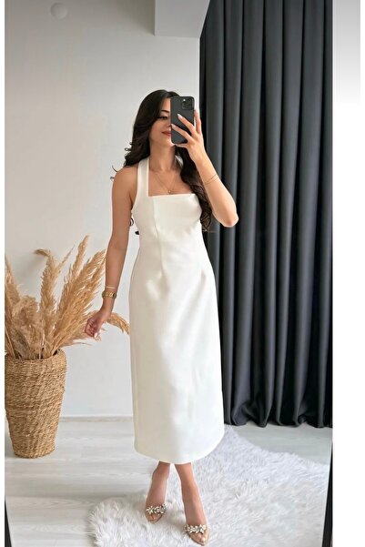 Selin Damla Kadın Midi Boy Kalem Elbise Boyundan Bağlamalı Yırtmaçlı
