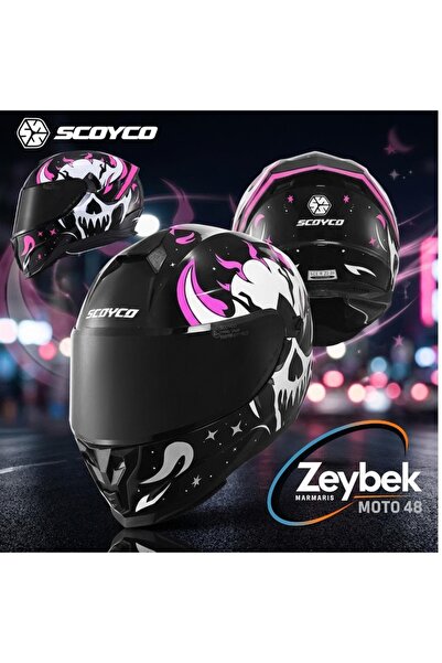 Scoyco Skull Full Face Kadın Motosiklet Kaskı – Güneş Vizörlü,DOT & CE Onaylı