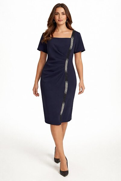 aşkın göksu Lacivert Kare Yaka Yarım Kol Payet Kombinli Kadın Abiye