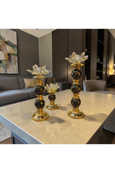 Sleep Nova Lotus Kristal Dekoratif Şamdan Mumluk Gold Siyah Mermer Görünümlü Salon Masa Dekoru
