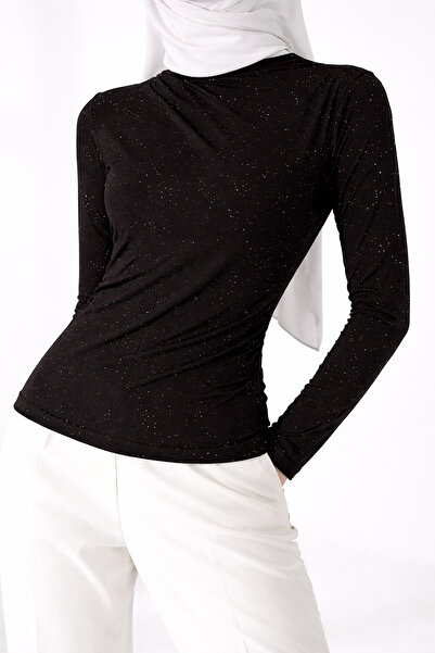 Saynsmoda Simli Uzun Kollu Basic Bluz – Siyah