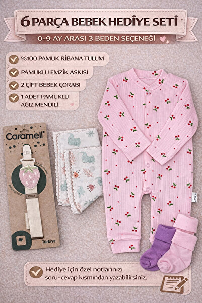 minisoft Kız Bebek Hediye Seti 6 Parça – Tulum, Çorap, Emzik Askısı ve Mendil...
