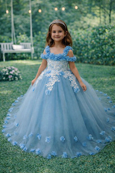 FERA Prenses kabarık tüllü Çiçekli mavi çocuk abiye elbise