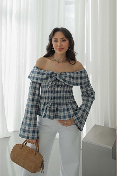 Havoş Blue Strapless Blouse with Flywheel Detail Plaid
