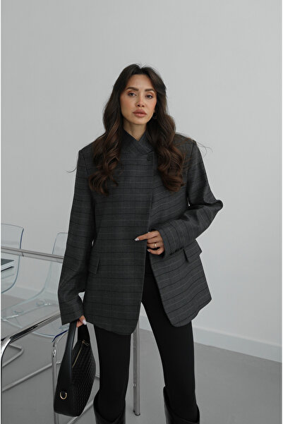 Havoş Anthracite Single Button Plaid Blazer Jacket