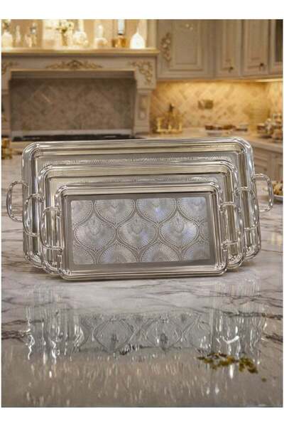 ALQANNAS AL-GANNAS Set of 3 Silver Stainless Steel Tray | Elegant Rectangular...