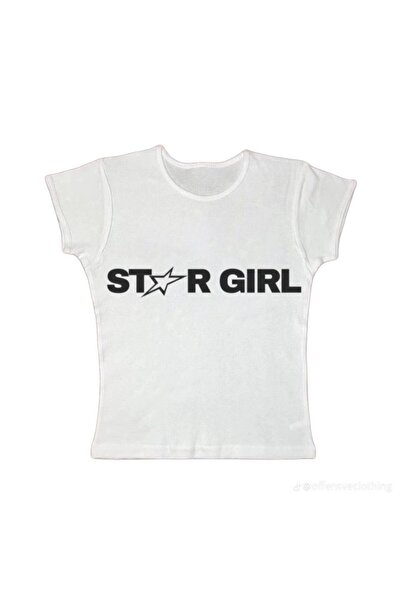 Violon Women's White Star Detailed Star Girl Printed Cropped