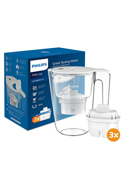 Philips 3 X Su Arıtma Sürahisi, 3 Filtreli Sürahi, Beyaz, AWP2953, 3,4 Litre