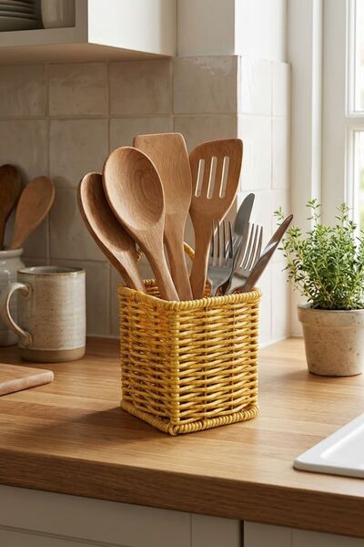 plentiful Square Straw-Textured Plastic Rattan Spoon & Fork Holder – Self-Hol...