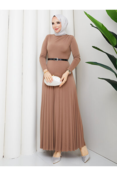TOKARİS TEKSTİL Women's Draped Ruched Pleated Belt Piece Hijab Dress