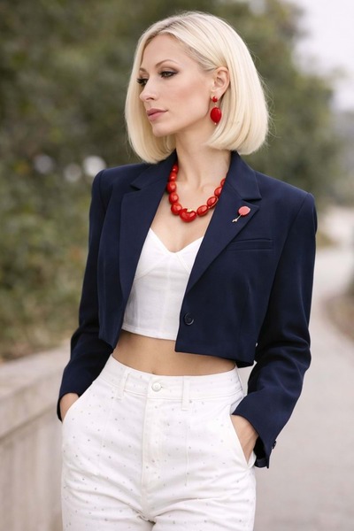 ibeeka Modern Cropped Blazer Jacket Navy Blue Color - Dark Blue - S