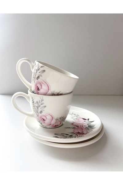 Rolin Design 2’li Vintage Kahve Fincanı Pembe Güller - Krem