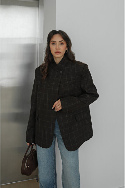 Havoş Brown Single Button Plaid Blazer Jacket