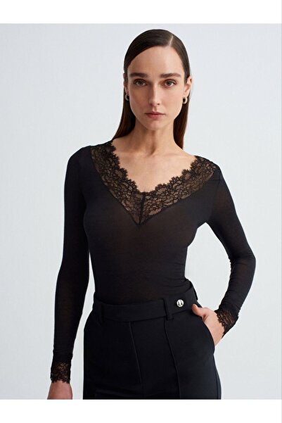 Mels Cashmere Fabric Sheer Lace Piece Blouse