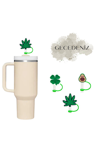 GECEDENİZ Thermos Compatible Straw Stopper Leaf Plant Green