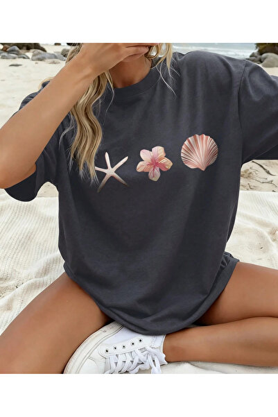 SUNFREE Summer Themed Sea Star B Printed O Oversized Anthracite Crew Neck Wom...